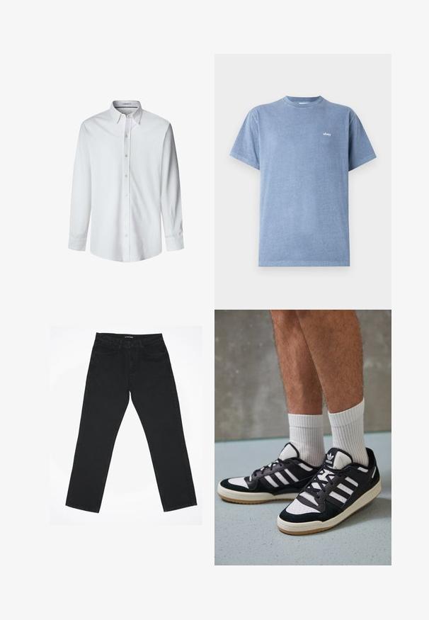 Bela srajca z dolgimi rokavi, izdelana iz gladkega materiala, z ovratnikom na gumb in sprednjimi gumbi ter ravnim robom.; Svetlo modra bombažna majica s krožnim izrezom, kratkimi rokavi in majhnim belim logotipom "obey" na levem prsnem delu. Gladka tekstura.; Črne jeans hlače s ravnim krojem, petimi žepi in klasičnim pasom. Tkanina ima gladko teksturo in minimalne detajle.; Črno-bele superge z zgornjim delom iz usnja in nubuka, ki imajo tri bele črte, perforiran vrh prstov in podplat iz gume.