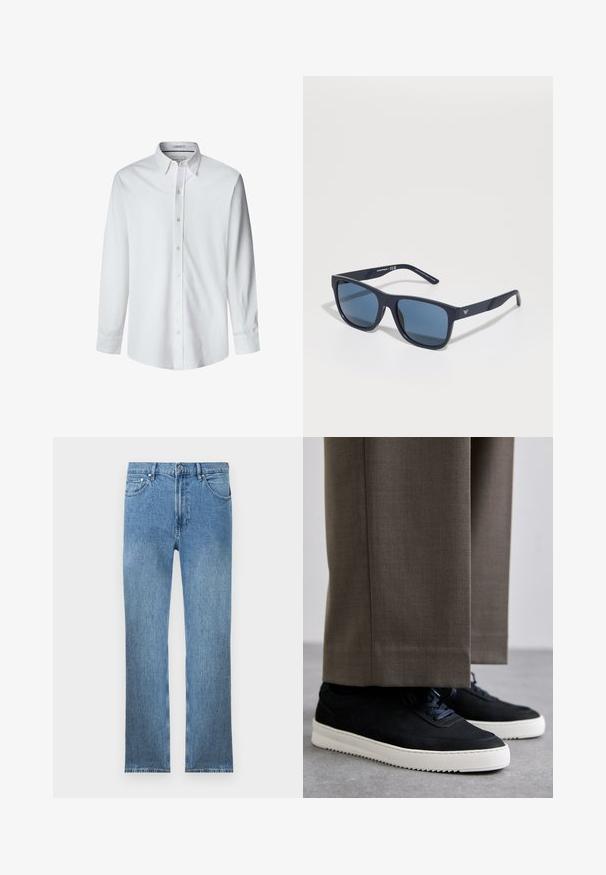 Camicia bianca a maniche lunghe realizzata in tessuto liscio, con colletto button-down e bottoni frontali, con un taglio dritto sull'orlo.; Jeans in denim azzurro chiaro con taglio dritto, cinque tasche, chiusura con cerniera e cuciture a contrasto. Il tessuto ha una finitura liscia e strutturata.; Sneakers in suede nera con suole in gomma bianca, dotati di punta tonda e lacci, indossati con pantaloni grigi su misura.; Occhiali da sole rettangolari blu con lenti scure, montatura opaca blu navy, dettaglio del logo sulla tempia, aste dritte e una texture solida e liscia.