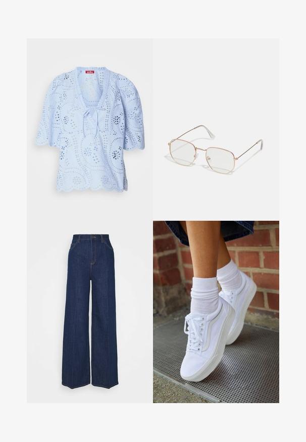 Šviesiai mėlynas bluzonas su gėlių išpjaustytais akcentais, banguotu apvadu ir kaspinėliu kaklo linijoje. Trumpi pūsti rankovės užbaigia dizainą.; Du dujų medvilnės marškinėliai balti ir juodi. Kiekvienas turi giliai iškirptą iškirptę ir plonas petnešas, pasižyminčius lygiu, švelniu tekstūru.; Aukštai juosmens, plačių kojų tamsiai mėlyni džinsai su priekinių ir galinių kišenių, mygtuko uždarymu ir matomais siuvimo detalėmis.; Baltos drobės sportbačiai su guminiais padais, turintys šešis užsegimus, apvalią nosį ir šviesias siūles, derinami su baltomis kulkšnies kojinėmis.; Stačiakampiai akinių rėmeliai su plonu, rožiniu auksu dengtu metaliniu rėmu. Skaidrus lęšiai, skaidrūs šventyklos galiukai ir subtilūs dekoratyviniai elementai aplink lęšius.