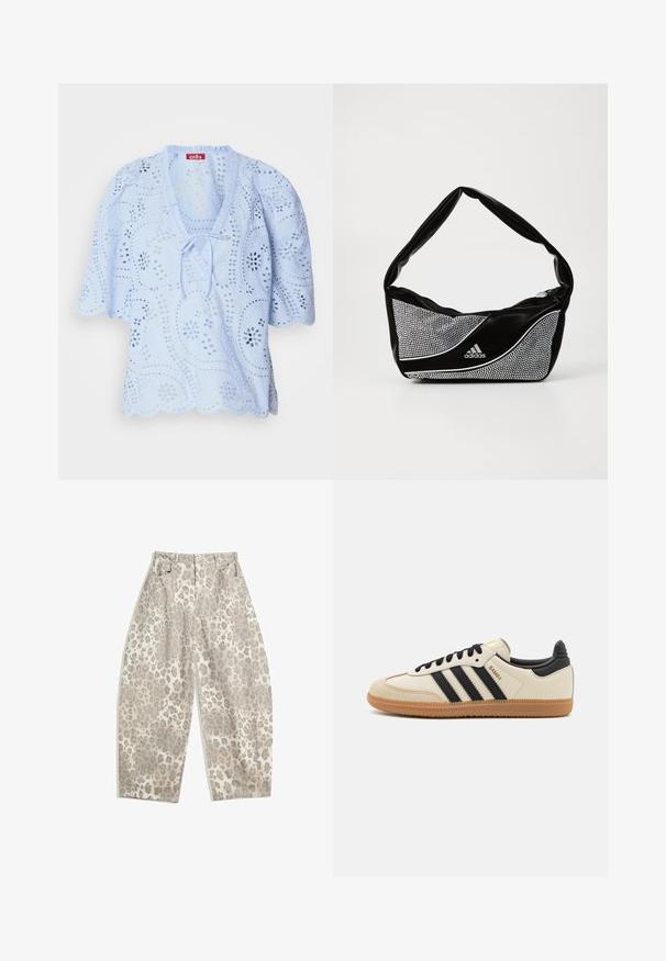 Lichtblauwe blouse met bloemen uitsnijdingen, een golvende zoom en een striklint bij de hals. Korte pofmouwen maken het ontwerp compleet.; Leopardprint broek in een lichtbeige kleur, met een hoge taille, brede pijpen en twee voorkruiszakken. Gemaakt van een soepel materiaal.; Beige sportieve schoen met zwarte strepen, gumrubberen zool en zwarte accenten. Beschikt over een gladleren bovenkant en een ronde neusdesign.; Zwarte en zilveren adidas-handtas met een gladde textuur, voorzien van een glanzend gestofd patroon en een onderscheidend gebogen ontwerp.