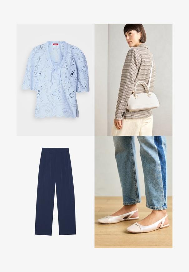 Light blue blouse featuring floral cut-out details, a scalloped hem, and a tie ribbon at the neckline. Short puff sleeves complete the design.; Navy blue wide-leg pants made of soft fabric, featuring front pleats, a smooth texture, and a straight fit with no visible pockets.; Pale pink slingback flats with a pointed toe, made from a smooth leather-like material. Features cut-out details at the sides and a flat heel.; White structured handbag with short handles and a shoulder strap, featuring gold hardware accents and textured material, displayed against a grey background.