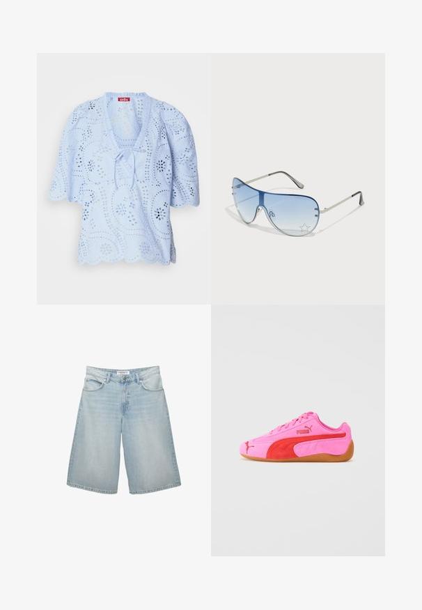 Blouse bleu clair avec des découpes florales, un ourlet festonné et un ruban à nouer au niveau du col. Des manches courtes ballon viennent compléter le design.; Shorts en denim bleu clair avec une coupe large, dotés de cinq poches, passants de ceinture et fermeture éclair. Texture lisse avec un léger délavage.; Baskets en suède rose avec des accents rouges, une semelle en caoutchouc et des détails de logo distinctifs. Caractéristiques : bout arrondi et design à lacets.; Lunettes de soleil aviateur avec des verres dégradés bleus, une monture en métal argenté et des accents décoratifs en forme d'étoile sur les verres. Design lisse et élégant.