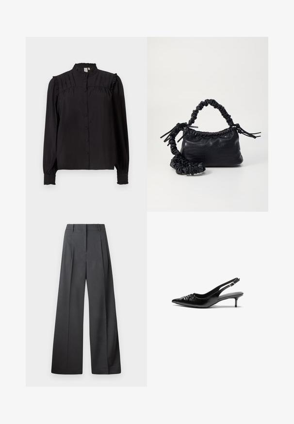 Blusa nera a maniche lunghe con colletto alto, bottoni frontali, dettagli plissettati e accenti arricciati su spalle e polsini. Texture setosa.; Pantaloni a gamba larga in tessuto grigio scuro, con vita alta, pieghe singole e una texture liscia con una finitura pulita sui orli.; Tacchi slingback in pelle nera con punta affusolata, piccolo tacco kitten e un dettaglio a nodo decorativo sulla parte anteriore. Texture liscia su tutta la superficie.; Borsa a tracolla in ecopelle nera con texture a coccodrillo, apertura cinchata e tracolla arricciata. Si presenta con un design morbido e compatto.