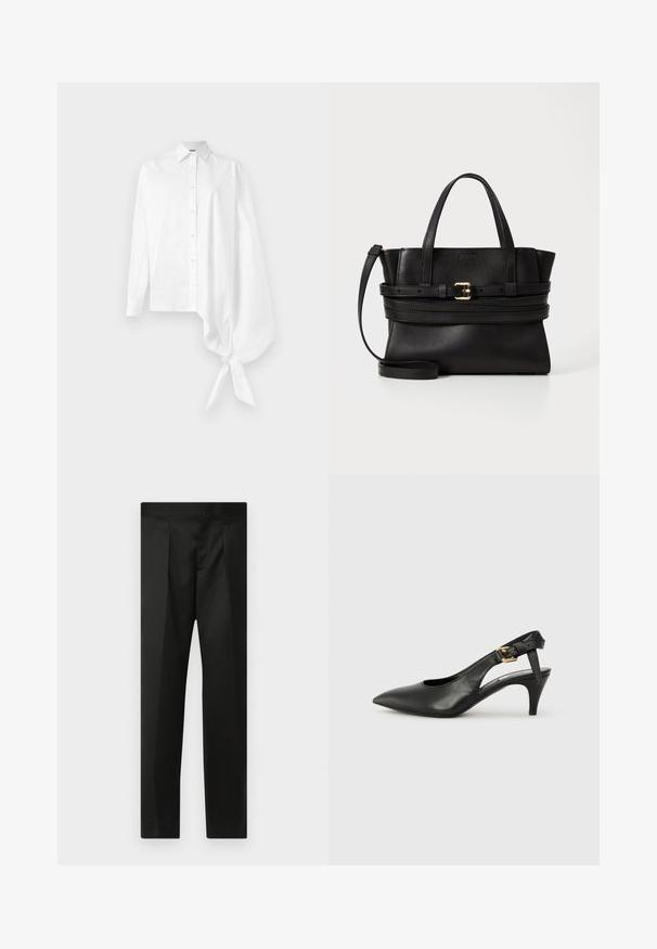 White long-sleeve button-up shirt with an asymmetric oversized gathered sleeve tied at the wrist on the right side.; Black trousers featuring a smooth fabric, tailored design, straight legs, and a flat waistband with no visible closures or pockets.; Black leather slingback pump with a pointed toe, small heel, and a buckle detail on the ankle strap. Smooth texture, minimalist design.; Black leather handbag with structured design, dual top handles, detachable strap, and gold buckle accent on a horizontal band.