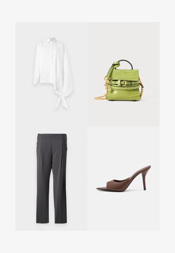 Witte lange mouw knoopshirt met een asymmetrische oversized geplooide mouw, vastgebonden bij de pols aan de rechterkant.; Grijze op maat gemaakte broek met een recht gesneden ontwerp, voorplooien en decoratieve zijknopen voor extra detail. Vriendelijke stoftextuur.; Bruine leren open-teen hoge hak muiltjes met een slank ontwerp, voorzien van een brede voorkruistrap en een slanke stiletto hiel.; Kleine handtas van groen krokodillenstructuur leer met een bovenhandvat, gouden kettingriem, gesp detail en het Moschino Milano logo op de klep.