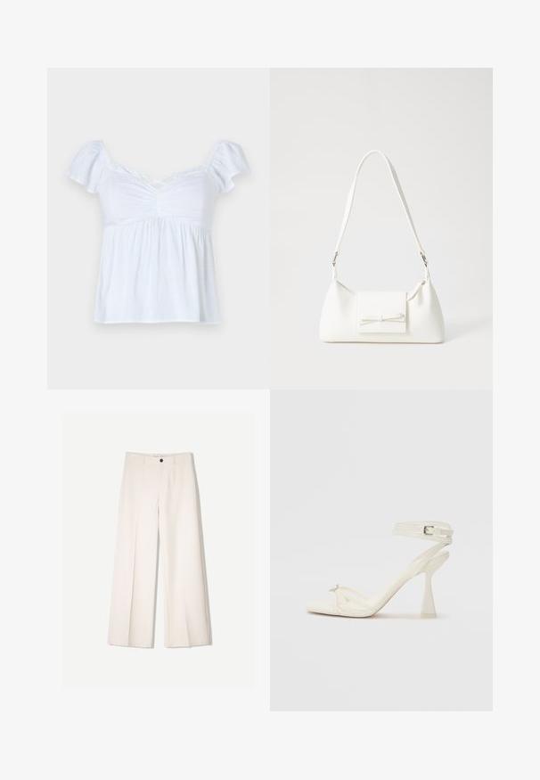 Bela bluzica s kratkimi napihnjenimi rokavi, nabranim prednjim detajlom in razširjenim robom. Narejena iz lahkotnega materiala, ima ohlapen kroj in prečni dekolte.; Kremne široke hlače s krojem, ki vključujejo dve sprednji žepi in en sprednji gumb za zapiranje, izdelane iz gladkega blaga.; Sandal z visoko peto z naramnicami v beli usnjeni izvedbi s popolnim dizajnom, prozorno blok peto in dekorativnim elementom na prstih.; Bela sintetična torbica v obliki trikotnika, z ravnim sprednjim poklopcem in detajlom mašne, nastavljivim trakom, gladko teksturo in minimalističnim dizajnom.