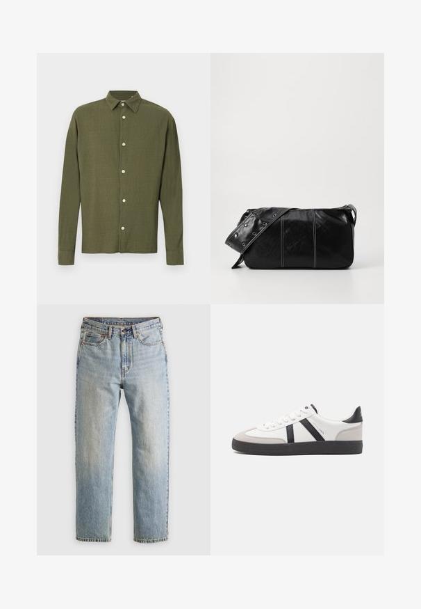 Camicia verde oliva a maniche lunghe con bottoni, colletto a punta e delicato motivo in tessuto strutturato, mostrata su uno sfondo semplice.; Jeans in denim azzurro chiaro con vita alta, bottone anteriore, cerniera e design a cinque tasche, adagiati su uno sfondo neutro.; Sneaker bianco con accenti neri e grigi, dotata di una punta grigia testurizzata, suola in gomma nera e lacci bianchi piatti. Design pulito, stile minimalista.; Borsa a spalla in pelle nera con chiusura a zip, caratterizzata da un corpo testurizzato, cuciture bianche e una tracolla con occhielli in argento.