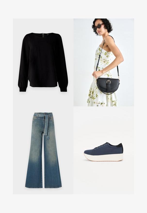 Top negro de manga larga con escote redondo, puños fruncidos y detalle de cremallera en la parte posterior, confeccionado con una tela suave y un ligero brillo.; Pantalones de mezclilla de pierna ancha con un degradado de azul claro a oscuro, cintura alta, trabillas para cinturón y un cinturón de tela a juego. Acabado de mezclilla texturizada.; Zapatilla de color azul marino con parte superior de tejido texturizado, suela de plataforma blanca, punta redondeada y acento en el talón negro. Cuenta con seis ojales para los cordones.; Bolso de piel negra con forma curva, correa desmontable y herrajes dorados. El bolso cuenta con una solapa con un detalle de hebilla.