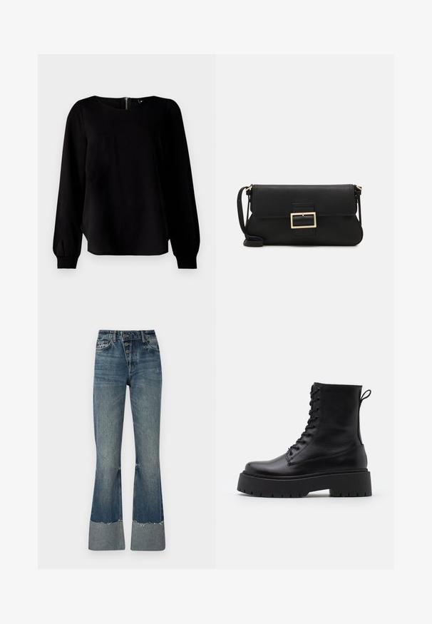 Schwarzes Langarmoberteil mit Rundhalsausschnitt, gerafften Bündchen und einem Reißverschlussdetail im Rücken, gefertigt aus einem glatten Stoff mit leichtem Glanz.; Jeans aus Denim in mittlerem Blau mit hoher Taille, fünf Knöpfen und ausfransendem Saum. Mit einem helleren Bündchen am Ende und verblasster Textur.; Schwarze Lederstiefeletten mit runder Zehenpartie, Schnürung vorne und einer dicken Gummisohle mit strukturiertem Profil. Mit Zugschlaufe an der Rückseite.; Schwarze Leder-Clutch mit Klappe und goldfarbenem Metallschnallen-Detail. Enthält einen schwarzen Riemen und ein schlankes, minimalistisches Design.; Goldfarbene Ohrringe in Form von dünnen, runden Kreolen, mit einer glatten, metallischen Oberfläche und ohne Verzierungen oder Muster.