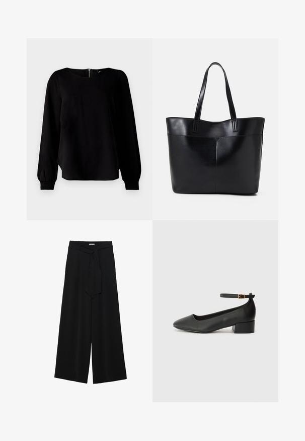 Top preto de manga longa com decote arredondado, punhos franzidos e detalhe de fecho nas costas, confeccionado em um tecido suave com leve brilho.; Calças largas pretas com um tecido texturizado, uma cintura elástica e um laço destacável na cintura para um ajuste ajustável.; Sandal de pele preta com bico pontiagudo e um salto bloco baixo. Apresenta uma tira no tornozelo com uma fivela em tom dourado. Textura suave.; Bolsa tote preta em couro com duas alças longas, textura suave e forma estruturada. Apresenta um bolso frontal para armazenamento adicional.