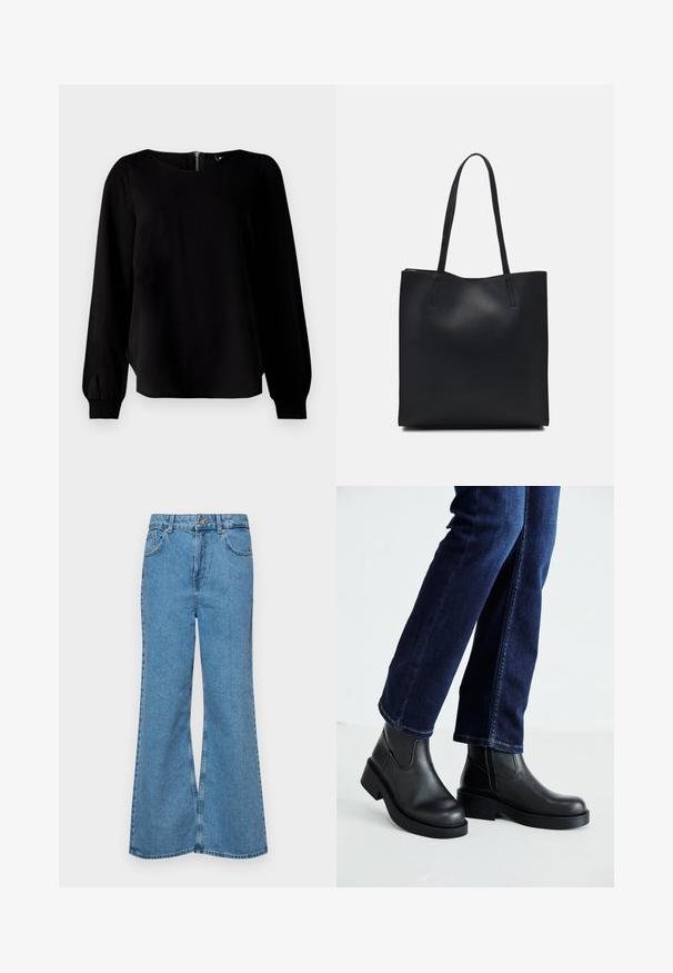 Top preto de manga longa com decote arredondado, punhos franzidos e detalhe de fecho nas costas, confeccionado em um tecido suave com leve brilho.; Jeans de brim azuis claros, com corte à boca de sino, apresentando uma cintura alta, cinco bolsos e um fecho de botão único. Textura macia com acabamento desbotado.; Botas de tornozelo de couro preto com sola grossa e painéis elásticos laterais, combinadas com jeans azul escuro. O chão é de cor clara.; Bolsa tote preta em couro com textura lisa, forma retangular e duas alças longas. Sem hardware ou enfeites visíveis.