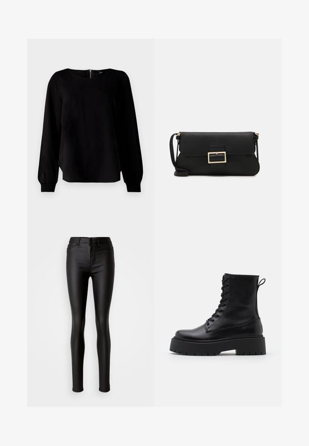 Top negro de manga larga con escote redondo, puños fruncidos y detalle de cremallera en la parte posterior, confeccionado con una tela suave y un ligero brillo.; Jeans skinny de imitación cuero negro con una textura suave, cintura alta, cierre de botón y diseño tradicional de cinco bolsillos.; Botas de cuero negras hasta el tobillo con punta redonda, cordones en la parte delantera y una suela de goma gruesa con un dibujo texturizado. Tirador en la parte trasera.; Bolso de mano de cuero negro con una solapa y un detalle de hebilla de metal dorado. Incluye una correa negra y un diseño elegante y minimalista.; Pendientes de aro color dorado, delgados y redondos, con un acabado metálico suave y sin adornos ni patrones.