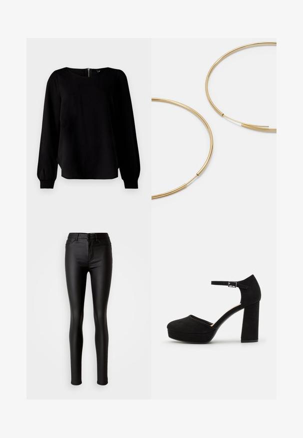 Schwarzes Langarmoberteil mit Rundhalsausschnitt, gerafften Bündchen und einem Reißverschlussdetail im Rücken, gefertigt aus einem glatten Stoff mit leichtem Glanz.; Schwarze, enganliegende Skinny Jeans aus Kunstleder mit glatter Textur, hoher Taille, Knopfverschluss und traditionellem Fünf-Taschen-Design.; Schwarze Wildleder-Plattformabsätze mit einem dicken Blockabsatz, runder Zehenpartie und einem Knöchelriemen, der mit einer Metallschnalle gesichert ist. Glatte Oberfläche über das gesamte Schuhwerk.; Goldfarbene Ohrringe in Form von dünnen, runden Kreolen, mit einer glatten, metallischen Oberfläche und ohne Verzierungen oder Muster.; Schwarze Leder-Geldbörse mit Klappverschluss, goldfarbener Hardware und Logo-Akzent. Inklusive abnehmbarem Trageriemen.