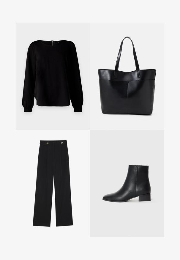 Musta pitkähihainen paita, jossa on pyöreä pääntie, rypytetyt hihansuut ja takana vetoketj yksityiskohta, valmistettu sileästä kankaasta, jossa on hieno kiilto.; Mustat leveälahkeiset housut, joissa on korkea vyötärö, napit vyötärönauhassa ja etupuolella laskokset.; Mustan nahkaisen nilkkurit, joissa on terävä kärki ja matala lohkokorko, joissa on sileä pinta ja minimalistinen muotoilu.; Musta nahkainen kassi, jossa on kaksi pitkää kahvaa, sileä pinta ja jämäkkä muoto. Sisältää etutaskun lisävarastointia varten.