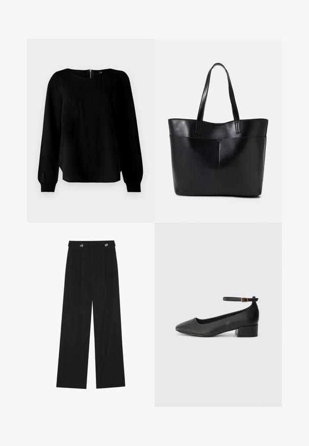 Fekete, hosszú ujjú felső, kerek nyakkivágással, ráncolt mandzsettával és hátsó cipzár részlettel, sima textíliából készült, amelynek enyhe fényessége van.; Fekete, bő szárú nadrág magas derékkal, gombos részletekkel a derékrészen és elülső pliszékkal.; Fekete bőr magassarkú cipő hegyes orral és alacsony tömb sarkal. Bokapánttal rendelkezik, aranyszínű csattal. Simább textúra.; Fekete bőr bevásárlótáska két hosszú fogantyúval, sima felülettel és strukturált formával. Elülső zseb található rajta a plusz tárolás érdekében.