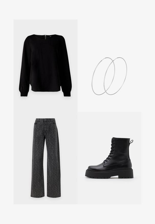 Sort langærmet top med rund halsudskæring, smockede manchetter og en lynlås i ryggen, lavet af et glat stof med en let glans.; Noisy May NMJANNEL LOOSE - Jeans Relaxed Fit - black denim; Sorte læder ankelstøvler med rund tå, snørebånd foran og en tyk gummisål med struktureret slidbane. Hæfteløkke bagpå.; Sølvøreringe med et minimalistisk design. Cirkulær form, glat tekstur og tynd profil. Letvægtige med en poleret overflade.
