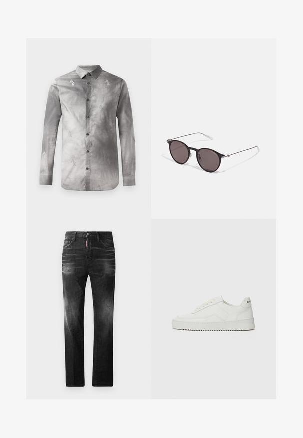 Sivá dlhá košeľa s golierom s gombíkmi, ktorá má jemný abstraktný vzor a opakované akcenty loga AX v mierne tmavšej sivej farbe.; Čierne bavlnené tričko s okrúhlym výstrihom, krátkymi rukávmi a bielym logom "EMPORIO ARMANI" nad textom "Milano" v zakrivenej línii.; Čierne denimové džínsy so štandardným strihom. Obsahujú vyblednuté oblasti, drobné opotrebenie, klasický dizajn s piatimi vreckami a zapínanie na gombík.; Biele kožené tenisky s hladkým povrchom, okrúly špičkový dizajn, ploché šnúrky a textúrovaná podrážka. Obsahujú jemné logo na päte.; Čierne okrúhle slnečné okuliare s tmavými sklami a tenkými kovovými ramenami. Obsahujú priehľadné konce rámov a strieborné akcenty na pántoch. Minimalistický dizajn.
