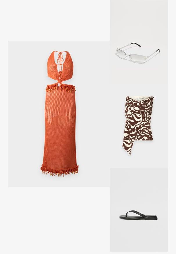 Hnědý a krémový bezrukávový top s abstraktním vzorem listů, s asymetrickým lemem, měkkou texturovanou tkaninou a drapérií na rameni.; Oranžové síťované šaty s halterneck střihem, vybavené zavazováním a třásňovým lemem zdobeným korálky. Lehké a poloprůhledné.; Černé žabky vyrobené z hladké kůže, s tenkým designem popruhu a plochou podrážkou s minimálním profilem. Žádné výrazné vzory ani akcenty.; Stříbrný kovový rám brýlí s obdélníkovými čočkami, vybavený průhlednými čočkami, dekoračními postranními akcenty a černými konci nohavic.; Hnědá kožená kabelka s dvěma pevnými uchy, obdélníkový tvar, hladká textura a zipové zavírání. Minimalistický design bez viditelných vzorů.