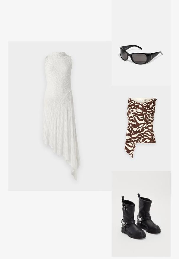 Rjav in krem brezrokavnik s abstraktno listnato vzorcem, ki ima asimetrično rob, mehko teksturirano tkanino in drapirano podrobnost na rami.; Bela čipkasta obleka z visokim ovratnikom, brez rokavov, asimetričnim robom in teksturirano zanko, ki vsebuje cvetlični vzorec.; Črne usnjene gležnjače z robustnim podplatom, opremljene s stransko zaponko in dekorativno strojno opremo. Gladka tekstura s trakom za pomoč pri obuvanju.; Črne sončne očala z sijajnimi plastičnimi okvirji, siva leča z gradacijo in srebrnimi poudarki na straneh. Šik, ukrivljena oblika.
