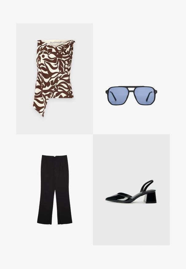 Brun og cremet ærmeløs top i abstrakt bladmønster med asymmetrisk kant, blødt tekstureret stof og drapering ved skulderen.; Sorte bukser med lige pasform, der har frontlommer og slidser i kanten. Lavet af blødt, glat stof. Velegnet til forskellige anledninger.; Sorte patentlæder slingback hæle med spids tå og en geometrisk blok hæl. Har et elegant, minimalistisk design og en glat tekstur.; Stradivarius RETRO - Solbriller - light blue