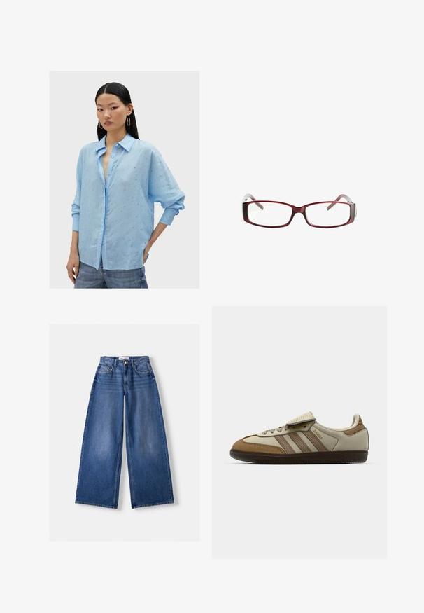 Jasnoniebieska koszula z długim rękawem o luźnym kroju, z teksturowanej tkaniny i drobnymi haftowanymi detalami. Posiada klasyczny kołnierzyk i podwinięte rękawy.; Stradivarius - Top; Bershka WIDE granatowy; Brązowy i kremowy but sportowy z trzema beżowymi paskami, wykonany z zamszu i skóry, z zapięciem na sznurówki oraz gumową podeszwą. Logo tekstowe po stronie.; Czerwone prostokątne okulary z eleganckim designem. Przezroczyste soczewki, lekko przezroczyste zauszniki oraz efekt gradientu od czerwonego do szarego.