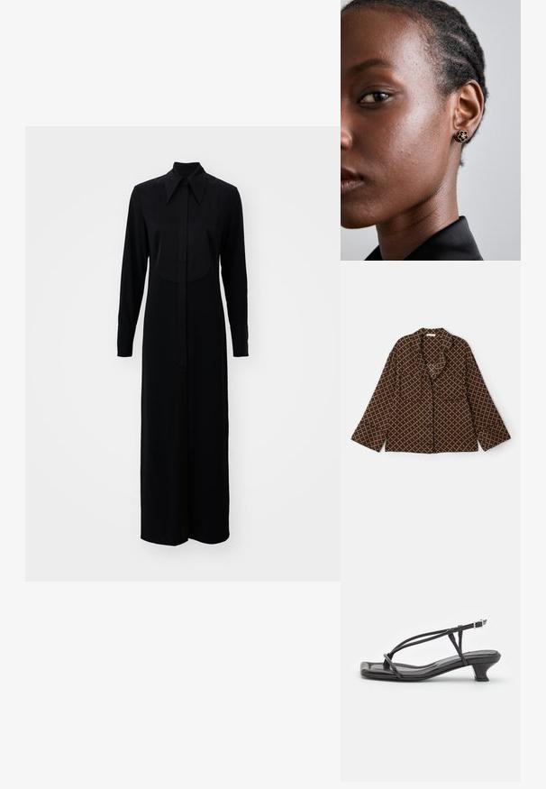 Brun skjorte med knapper og diamantmønster i beige. Funktioner inkluderer en sjalskrave, to forlommer og brede ærmer. Blødt stofmateriale.; Sort langærmet kjole med knaplukning foran, klassisk krave og lige silhuet lavet af glat stof.; Sort lædersandal med tynde stropper, lav blokhæl og firkantet tå. Har en spænde lukning og glat tekstur.; Sort quiltet læderhåndtaske med en samlet top, guldkæde-rem og rektangulær form, holdt mod en ensfarvet baggrund.; Guldblomster-studøreringe har en tekstureret sort midte og delikat detaljer. Modellen har glat hud og fletninger, som er synlige i profil.