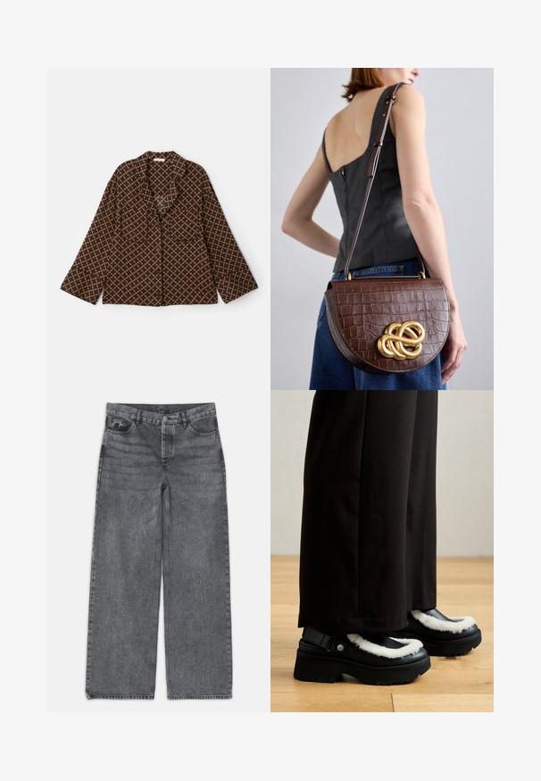 Smeđa košulja dugih rukava s dijamantnim uzorkom u bež boji. Ima šalski ovratnik, dva prednja džepa i široke rukave. Mekani materijal.; Široke traperice u tamnosivoj boji. Imaju visoki struk, dizajn s pet džepova i prednje kopčanje na dugme. Glatka tekstura s suptilnim izbljeđenjem.; Crne platforme imaju bijeli krzneni obrub, zaobljeni nos i remen s metalnom kopčom. Nosi se s crnim hlačama na drvenom podu.; Smeđa, kožna torba s uzorkom krokodila, zakrivljenog, strukturiranog oblika i zlatnim čvorastim akcentom. Podešavajuća traka i glatka tekstura.