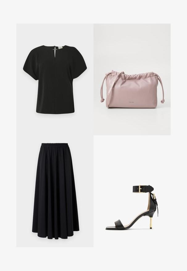 Svart kortermet bluse med V-hals, med baklukking. Laget av et glatt stoff, har den en avslappet passform og minimalistisk design.; Svart, gulvlengde skjørt laget av mykt stoff med bred, rynket elastisk midjebånd og jevn, flytende design. Ingen mønstre eller accenter.; Svarte lær høyhælte sandaler med firkantet tå, ankelrem med gullspenne, og en slank metallhæl. Glatt tekstur, minimalistisk design.; Dus rosa, glatt skinnveske med samlet topp, snørelukking og en tynn stropp. Har en subtil Calvin Klein-logo foran.