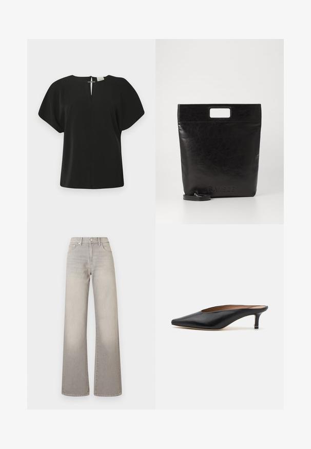 Zwarte blouse met korte mouwen en een V-hals, met een sluiting aan de achterkant. Gemaakt van een gladde stof, heeft het een relaxte pasvorm en een minimalistisch ontwerp.; Grijze wijde jeans met een vervaagde afwerking, knoopsluiting, vijfzakkenontwerp en gestikte details langs de naden.; Zwarte leren muiltjes met een puntige neus en een lage, blokhak. Glad oppervlak met een gestroomlijnd ontwerp. Open achterkant met minimale details.; Zwarte leren draagtas met een vierkant handvat, met een gestructureerde afwerking en een reliëflogo. Inclusief een afneembare schouderband.