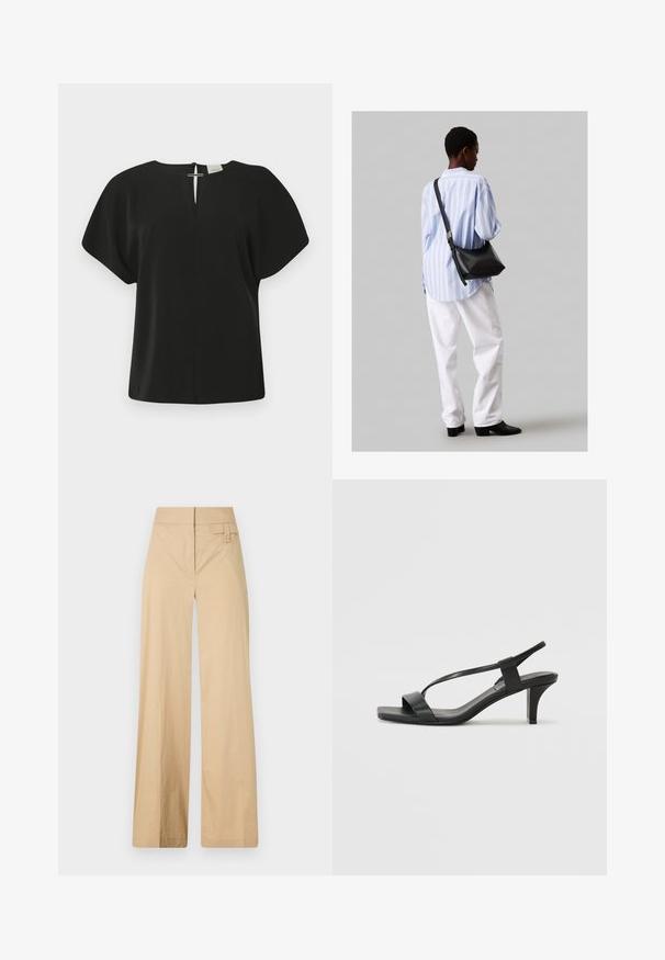 Schwarze kurzärmelige Bluse mit V-Ausschnitt und Rückenverschluss. Hergestellt aus einem glatten Stoff, hat sie eine lockere Passform und ein minimales Design.; Beige weite Hosen aus Baumwollmischgewebe. Sie haben eine glatte Textur, einen elastischen Bund und eine seitliche Knopfdetail.; Schwarze Absatzsandalen mit einem schlanken Riemendesign, quadratischer Zehenpartie und einem Blockabsatz mittlerer Höhe. Hergestellt aus glattem Leder mit matter Oberfläche.; Schwarze Leder-Umhängetasche mit weicher Textur, dreieckiger Form und verstellbarem Tragegurt, kombiniert mit einem hellblauen gestreiften Hemd und weißen Hosen.