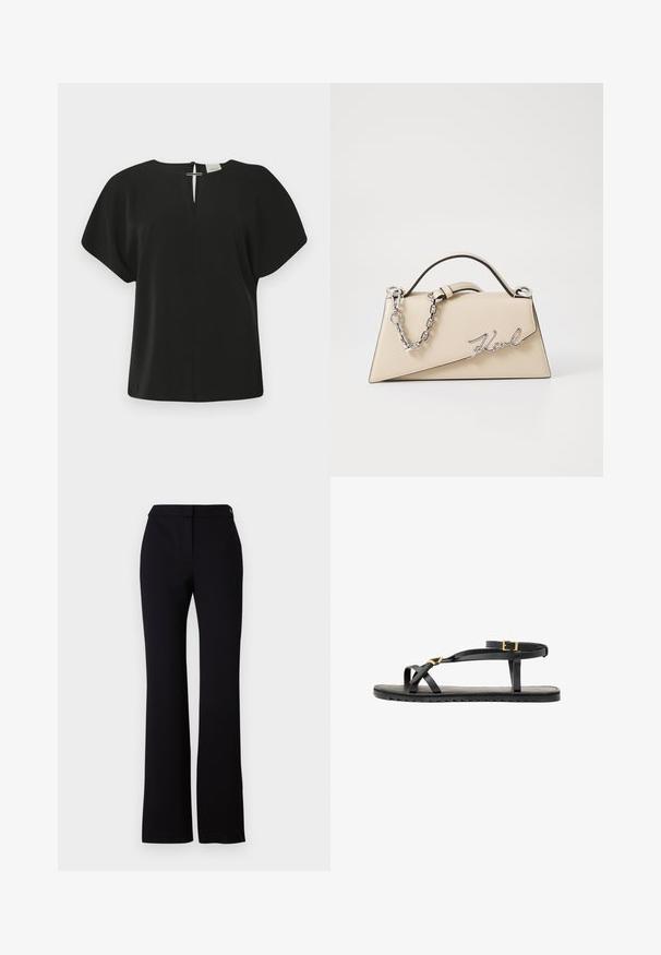 Black short-sleeve blouse with a V-neck, featuring a back closure. Made of a smooth fabric, it has a relaxed fit and minimal design.; Black trousers featuring a straight cut, smooth texture, and a waistband with a single button closure. No visible patterns or accents.; Black leather sandals with thin straps and a buckled ankle strap. Flat sole with a textured finish and zigzag edge. Minimalist design.; Beige leather handbag with a structured, triangular shape, featuring a silver chain handle and a cursive logo in metal.