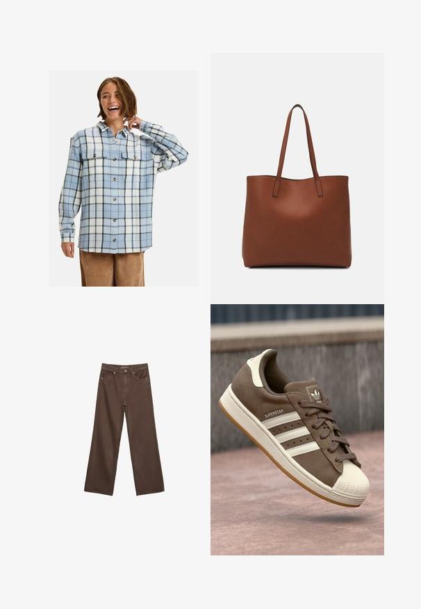 Svetlomodrá a biela flanelová košeľa s čiernym károvaným vzorom, obsahujúca dve náprsné vrecká a zlaté gombíky, navrhnutá s voľným strihom.; Džínsy s širokými nohavicami v hnedej farbe, vyrobené z denimu, so zvýšeným pásom, prednými vreckami a klasickým zapínaním na gombík. Hladká textúra s jemným prešívaním.; Hnedé semišové tenisky s bielymi pruhmi, krémovými akcentmi a gumovou špičkou. Obsahujú šnurovací dizajn a textúrovanú gumenú podrážku.; Hnedá kožená taška na rameno s hladkou textúrou, otvoreným vrchom a dvoma ramenými popruhmi. Má minimálne šitia a žiadne viditeľné kovania.