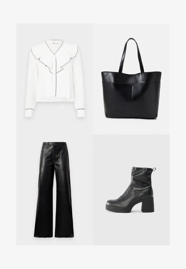 White long-sleeve shirt featuring a ruffled collar with black border, front button closure, and black accents on sleeves.; Black high-waist wide-leg faux leather pants with front button, zip closure, belt loops, and side pockets on white background.; Black ankle boots made of smooth leather, featuring a side zipper, chunky textured heel, and rounded toe design.; Black leather tote bag with two long handles, a smooth texture, and a structured shape. Features a front pocket for additional storage.
