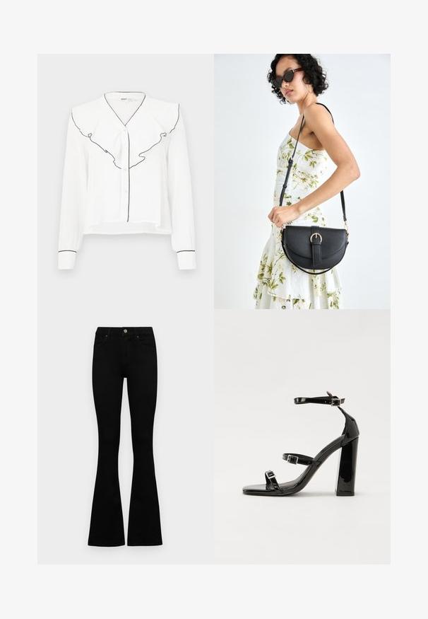 Weißes Langarmhemd mit einem gerafften Kragen mit schwarzem Rand, vorderem Knopfverschluss und schwarzen Akzenten an den Ärmeln.; Schwarze hochtaillierte Jeans mit einem Knopf- und Reißverschluss, Fronttaschen und ausgestellten Beinen, flach auf einem weißen Hintergrund ausgelegt.; Schwarze Lackleder-Sandalen mit hohen Absätzen, zwei Riemen mit Schnallen, quadratischer Zehenpartie und klobigem Blockabsatz, mit einer glatten, glänzenden Textur.; Schwarze Lederhandtasche mit geschwungener Form, abnehmbarem Tragegurt und goldenen Beschlägen. Die Tasche verfügt über einen Deckel mit einer Schnallen-Details.