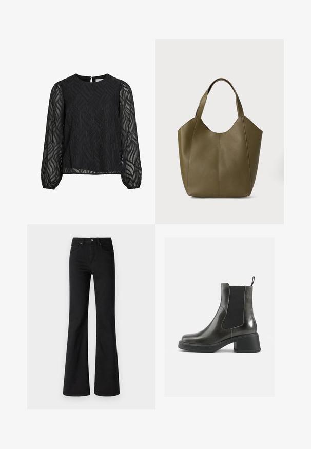 Črna bluzica z dolgimi prosojnimi rokavi, teksturiranim vzorcem listov, okroglim ovratnikom in majhnim ključavnico na hrbtu.; Črne flare jeans hlače iz denima z visokim pasom, ki imajo pet žepov, sprednji gumb in zadrgo, gladka tekstura.; Črne usnjene gležnjarje z gladko površino, elastičnimi stranskimi paneli in masivnim petami. Imajo praktično zanko za lažje obuvanje.; Olivnozeleno usnjeno torbico z dvema naramnicama, gladke teksture in zasnovo s štirimi paneli. Ojačano šivanje ob šivih za dolgotrajnost.