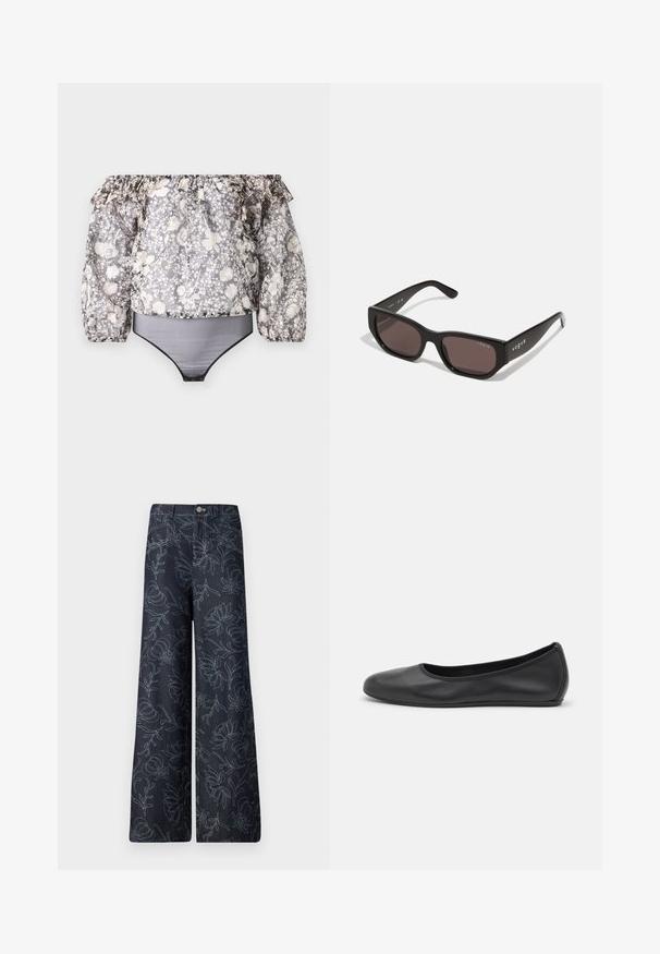 Bodysuit z odkrytymi ramionami w kwiaty, z falbaniastymi rękawami, czarnym wykończeniem oraz mieszanym wzorem w odcieniach szarości, bieli i beżu. Materiał lekki.; Ciemnoniebieskie spodnie typu wide-leg z haftowanym kwiecistym wzorem w jasnoniebieskim kolorze. Klasyczny pięciokieszeniowy fason z zapięciem na guzik z przodu.; Czarne skórzane baletki z zaokrąglonym noskiem, gładką fakturą, minimalnymi przeszyciami i elastycznym designem podeszwy.; Czarne prostokątne okulary przeciwsłoneczne z ciemnymi soczewkami. Posiadają gładki plastikowy szkielet i detal z logo na zauszniku. Czysty, nowoczesny design.