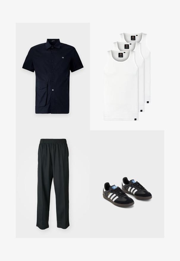 Kratka majica s kratkimi rokavi v mornarsko modri barvi, izdelana iz bombaža, z žepom na levi strani in majhnim logotipom na prsih.; Tri bele rebraste majice brez rokavov iz bombaža. Imajo okroglo izreza in majhne črne etikete blizu roba. Na voljo v več velikostih.; Crne športne hlače z elastiko v pasu, narejene iz gladkega materiala, z diskretnim stranskim šivanjem in ohlapnim krojem ter ravnimi nogavicami.; Črne športne copate z zgornjim delom iz semiša in sintetičnih materialov, ki imajo tri bele črte, teksturiran gumijast podplat in modro označevalno oznako na jeziku.