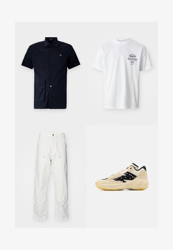 Kratko piedurkņu tumšzilā pogājama krekla, kas izgatavots no kokvilnas, ar kabatu kreisajā pusē un mazu logotipa uzšuvumu uz krūtīm.; Balts kokvilnas t-krekls ar īsām piedurknēm, apaļu kaklu un grafisku attēlu, kas attēlo tekstu "Carhartt WIP" un ēdiena ilustrāciju uz krūtīm.; Baltas kokvilnas kargo bikses ar brīvu piegriezumu. Iezīmes ietver priekšējās kabatas, zeltītas detaļas un pastiprinātas ceļa daļas.; Beidzs un melni sporta apavi ar zamšādas augšpusi, kas iezīmēta ar gludu melnu sānu paneli, kuram ir baltas punkti, un struktūrētu gumijas zoli.