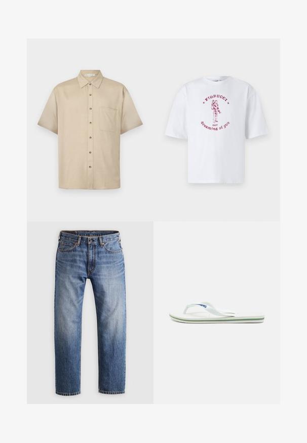 Vaate lyhyt hiha, vaaleanbeige paita, joka on valmistettu pehmeästä kankaasta. Siinä on kaulus, etupuolen nappikiinnitys ja yksi rintatasku.; Valkoinen puuvillapaita, jossa on punainen graafinen printti parista ja teksti "Fiorucci 1967 dreaming of you" pyöreässä muodossa.; Suorat siniset farkut, joissa on nappi- ja vetoketjukiinnitys, viisi taskua ja oranssit ompeleet vaaleanharmaalla taustalla.; Valkoinen flip-flop, jossa on teksturoitu pohja, kapeat remmit ja monivärinen korostuslinja pohjassa. Remmissä on logo.