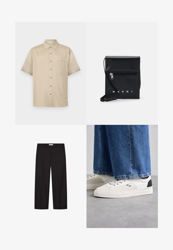 Camisa de manga corta de color beige claro, hecha de tela suave, con cuello, cierre delantero de botones y un bolsillo en el pecho.; Pantalones de pierna ancha negros, confeccionados con una tela suave. Cuentan con cierre de botón y cremallera, dos bolsillos delanteros y un acabado de dobladillo nítido.; Zapatillas blancas y negras con una parte superior de cuero suave, acentos texturizados y una suela blanca gruesa. Presenta un diseño clásico de cordones.; Bolso de hombro de cuero negro con un bolsillo frontal con cremallera, logo en relieve y correa ajustable. Textura suave con una forma estructurada.