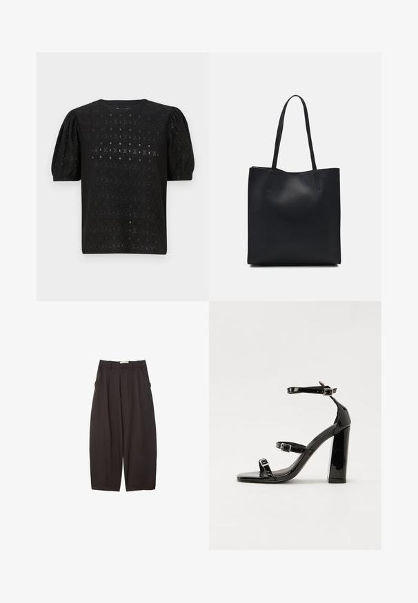 Černý vyšívaný top s kulatým výstřihem, balónovými rukávy a složitým otevřeným vzorem po celé tkanině.; Černé široké kalhoty vyrobené z hladkého materiálu, s vysokým pasem, předními sklady a bočními kapsami. Jednoduchý design bez ozdob.; Černé lakované sandály na podpatku se čtveratou špičkou, lýtkovými pásky a stříbrnými přezkami. Disponují masivním blokovým podpatkem pro stabilitu.; Černá kožená taška přes rameno s hladkým povrchem, obdélníkovým tvarem a dvěma dlouhými uchy. Žádné viditelné kování ani ozdoby.