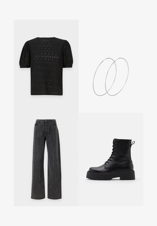 Črn vezen top s okroglim izrezom, napihnjenimi rokavi in zapletenim odprtim vzorcem po celotni tkanini.; Noisy May NMJANNEL LOOSE - Široke kavbojke - black denim; Črne usnjene gležnjarje z okroglo konico, vezalnim sprednjim delom in debelim gumijastim podplatom z teksturiranim profilom. Zanka na hrbtni strani.; Srebrne uhane v obliki obroča z minimalističnim dizajnom. Krožna oblika, gladka tekstura in tanek profil. Lahki s poliranim zaključkom.