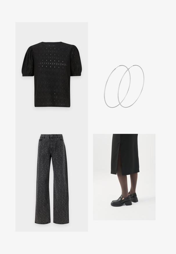 Zwarte geborduurde top met een ronde halslijn, puffmouwen en een ingewikkeld openwerkpatroon door de stof.; Noisy May NMJANNEL LOOSE - Relaxed fit jeans - black denim; Zwarte leren schoenen met een ronde neus, dikke blokhak en elastische zijkanten, gecombineerd met donkere panty's en een zwarte rok met een split.; Zilveren hoepel oorbellen met een minimalistisch ontwerp. Cirkelvormig, gladde textuur en dun profiel. Lichtgewicht met een gepolijste afwerking.
