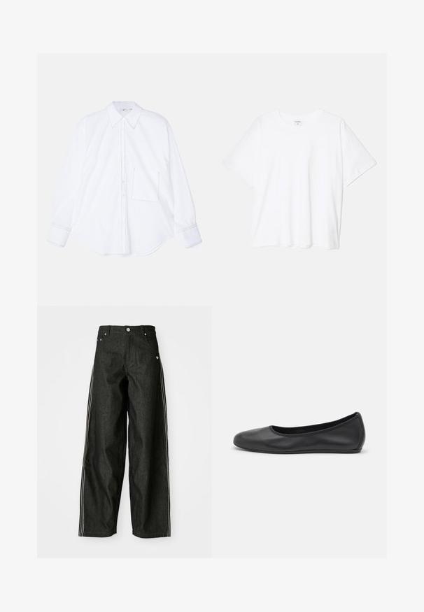White long-sleeve shirt made of smooth fabric, featuring a button-down front, large collar, rounded hem, and a single left chest pocket with stitching detail.; White cotton t-shirt with short sleeves, round neckline, relaxed fit, and stitched hem. Label visible on the inside neck.; Black denim wide-leg pants with white side stripes, featuring front pockets, a button-up fly, and a subtle logo near the waistband.; Black leather ballet flat with a rounded toe, smooth texture, minimal stitching detail, and a flexible sole design.
