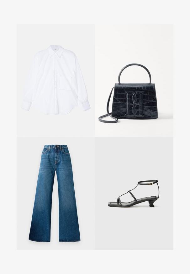 White long-sleeve shirt made of smooth fabric, featuring a button-down front, large collar, rounded hem, and a single left chest pocket with stitching detail.; Blue denim wide-leg jeans featuring a high waist, light fading, classic five-pocket design, and a button closure at the front.; Black leather sandal with a square toe, thin straps, adjustable ankle strap, and a low heel. Features a small gold accent on the strap.; Black crocodile-embossed leather handbag with a structured design, top handle, adjustable strap, and a prominent front logo detail.