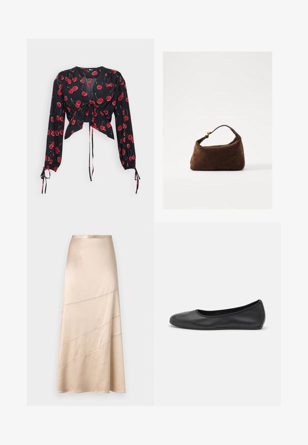 Melna blūze ar garām piedurknēm, sasieta priekšā. Ar sarkanu ķiršu rakstu un elastīgām piedurknēm. Viegls, plūstošs audums ar v-veida kakla izgriezumu.; Gaiši bēšs satīna midi svārks ar plūstošu siluetu, diagonālām šuvju detaļām un gludu tekstūru ar maigu mirdzumu.; Melna ādas baleta kurpe ar noapaļotu purngalu, gludu tekstūru, minimālu šuvju detalizāciju un elastīgu zoles dizainu.; Brahns zamšs somiņa ar izliekta formu, īsu rokturi un zelta elementiem. Gluda tekstūra un minimālisma dizains.