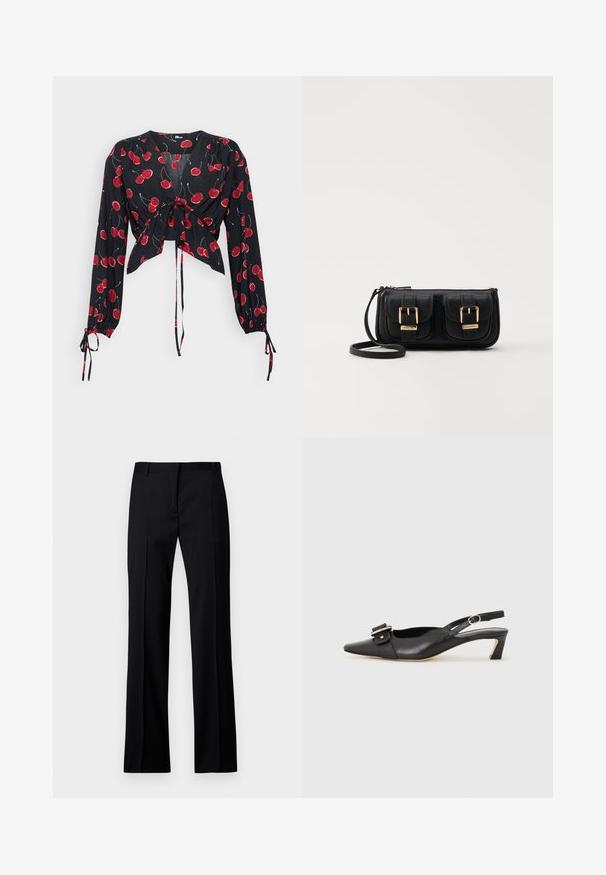 Schwarze Bluse mit langen Ärmeln, vorne gebunden. Mit rotem Kirschmuster und elastischen Manschetten. Leichter, fließender Stoff mit V-Ausschnitt.; Schwarze gerade geschnittene Hosen aus glattem Stoff, mit flachem Bund, Gürtelschlaufen und ohne sichtbare Taschen oder Verzierungen.; Schwarzer Leder Slingback-Schuh mit spitzer Zehenform, kleinem Absatz und dekorativem Schnallen-Detail auf dem Obermaterial. Glatte Textur, minimalistisches Design.; Schwarze Leder-Umhängetasche mit zwei vorderen Taschen, goldenen Schnallen, Reißverschluss und einem schmalen Tragegurt. Texturierte Oberfläche und kompakte rechteckige Form.