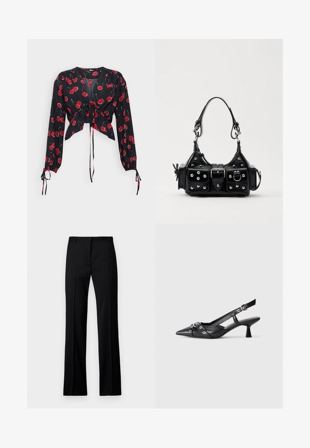 Mustapaita, jossa on pitkät hihat ja joka on solmittu edestä. Sisältää punaisia kirsikkakuoseja ja joustavat hihansuut. Kevyt, valuvakankainen materiaali, jossa on V-pääntie.; Mustat suorat housut sileästä kankaasta, jossa on litteät etuosat, vyölenkit ja ei näkyviä taskuja tai koristeita.; Mustat nahkakengät, joissa on avonainen takaosa ja kärjessä terävä muoto, koristevyöt, joissa on metalliset reiät, sekä matala lohkoepohja. Teksturoitu pinta.; Musta nahkainen käsilaukku, jossa on kaareva muotoilu, hopeiset niitit, solki ja kaksi sivutaskua. Säädettävä olkahihna erilaisiin kantovaihtoehtoihin.