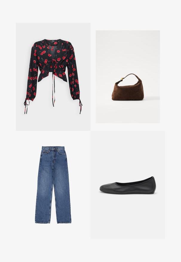 Czarna bluzka z długim rękawem, przewiązana z przodu. Posiada wzór czerwonych wiśni oraz elastyczne mankiety. Lekki, zwiewny materiał z dekoltem w serek.; Dżinsy z wysokim stanem i szerokimi nogawkami, w klasycznym niebieskim odcieniu, z widocznym przeszyciem i metalowymi elementami na przedniej kieszeni.; Czarne skórzane baletki z zaokrąglonym noskiem, gładką fakturą, minimalnymi przeszyciami i elastycznym designem podeszwy.; Brązowa torebka z zamszu o zaokrąglonym kształcie, z krótkim uchwytem i złotymi akcentami wykończenia. Gładka faktura i minimalistyczny design.
