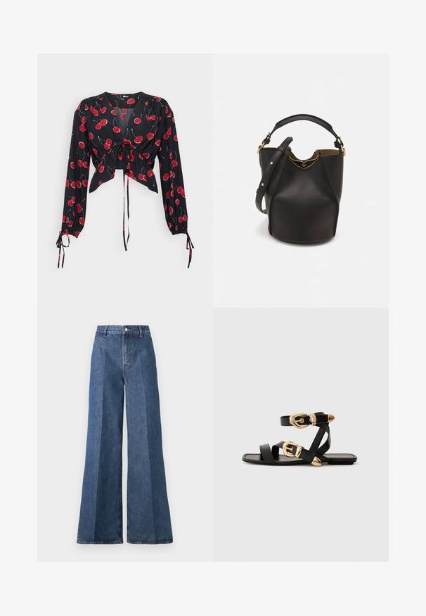 Black blouse with long sleeves, tied at the front. Features red cherry print and elastic cuffs. Lightweight, flowing fabric with a v-neckline.; Wide-leg blue denim jeans with a high waist, featuring classic five-pocket styling and a button closure, made from textured cotton fabric.; Black leather sandals with gold buckle accents, featuring multiple straps and a flat sole design for open-toe wear.; Black leather bucket bag with a textured finish, gold hardware accents, and an open top. Features a short handle and adjustable shoulder strap.